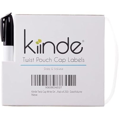 Kiinde Twist Cap Single-Use Write-On Labels for Breast Milk and Baby Food Storage Pouches (Pack of 250) - Includes Label Dispenser with Marker and Marker Holder - Date/Volume