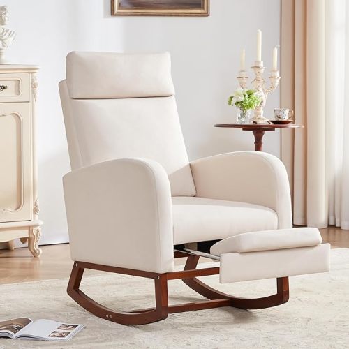 Rocking Chair with Foot Rest, Ergonomic Nursery Chair with High Back, Baby Glider Rocker, Nursing Chair Accent Living Room (Linen Beige)