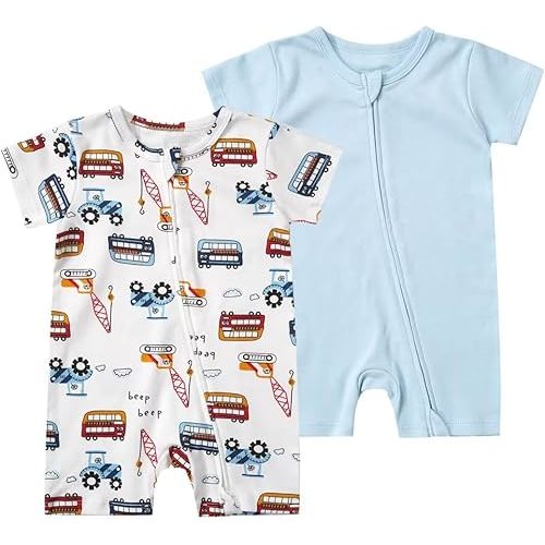 Teach Leanbh 2 Pack Pajamas Cotton Short Sleeve 2 Way Zipper Printing Soper Jumpsuit Sleep and Playild Rom