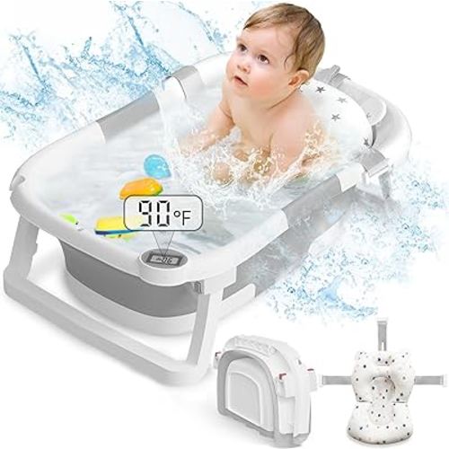 Collapsible Baby Bathtub,Baby Bath Tub with Soft Cushion & Thermometer,Baby Bathtub Newborn to Toddler 0-36 Months,Portable Travel Baby Tub,Gray