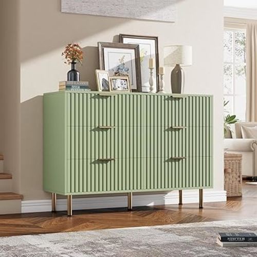 GarveeHome 47.2" Fluted Green 6 Drawer Dresser for Bedroom with Deep Drawer
