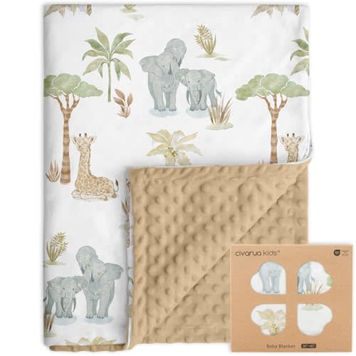 CIVARUA KIDS Baby Blankets for Boys Girls, Super Soft Nursery Minky Blanket Neutral with Print Brown Savanna Elephant and Cozy Raised Dotted Fleece Backing, 30 x 40 Inch Double Layer Bed Throws