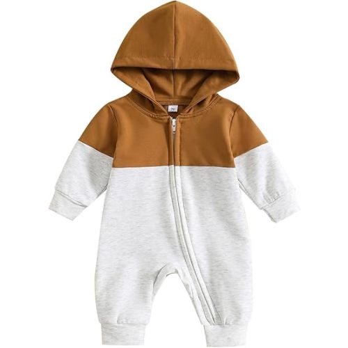 allshope Newborn Baby Boy Fall Outfit Romper Long Sleeve Hooded Contrast Color Zipper Jumpsuit Bodysuit Infant Clothes