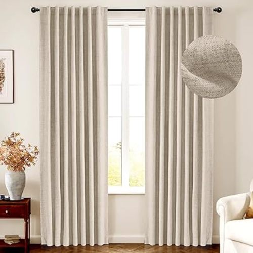INOVADAY 100% Blackout Curtains 90 Inches Length 2 Panels Set, Back Tab/Rod Pocket Linen Black Out Curtains for Bedroom, Thermal Insulated Window Drapes - Oatmeal, W50 X L90
