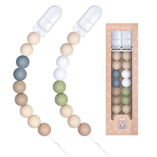 Pacifier Clip for Boys and Girls, Silicone Beads Paci Clip Teething Relief Teether Toys Soothie Chewbeads Baby Binky Holder for Shower Gift Christmas 2 Pack (Green-Grey)