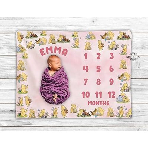 Classic Winnie Monthly Milestone Blanket for Baby Girl, Personalized Pooh Bear Blanket, Pooh Baby Blanket, Pooh Bear Nursery Blanket, Pooh Bear Nursery Theme, Cozy Fleece Soft Blanket for Kids - #2
