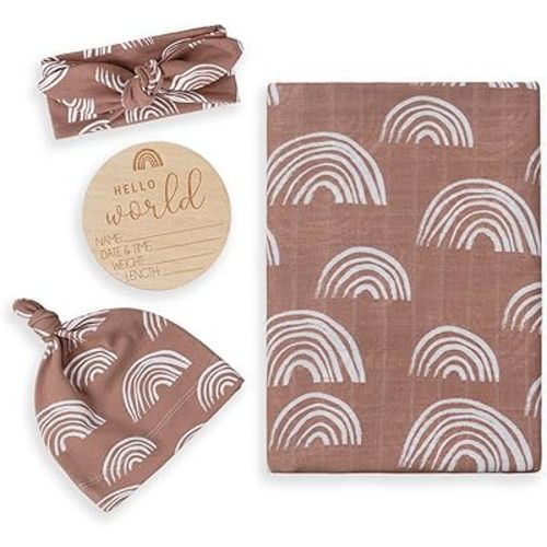 BabyWhale Muslin Swaddle Blanket with Hat and Headband Bow, Boho Rainbow Pattern Swaddle Set for Baby Boys & Girls, Unisex Silky Soft Breathable Receiving Wrap, 47x47 inches, Brown