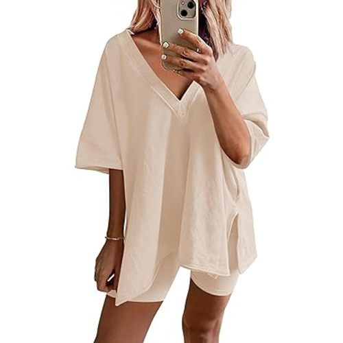 Ekouaer Womens Pajamas 2 Piece Lounge Sets Oversized V Neck T-Shirts Tops Biker Shorts Set Workout Reversible Tracksuit S-XXL