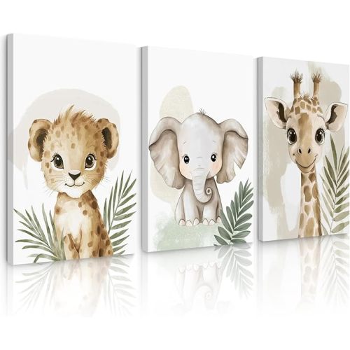 Nursery Animal Wall Art Decor Baby Boy Kids Room Pictures Safari Jungle Nursery Canvas Wall Decor Toddler Woodland Animals Prints Cute Giraffe Poster Artwork for Bedroom 12x16x3 Inch Wrapped Canvas