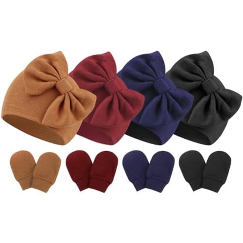 BQUBO Newborn Baby Hats Mittens Set Hospital Hat Beanie Infant Bow Hats Baby Gloves No Scratch Mittens for 0-6 Months