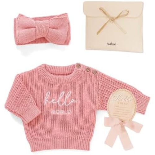 Avibae Baby Set with Knit Sweater, Hair Band or Beanie, Announcement Sign