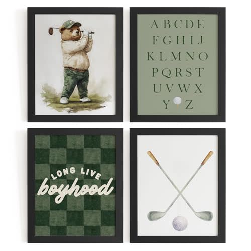 WXHUM Vintage Nursery Boys Room Playroom Decor Golf Sports Wall Art Prints Set of 4, Boyhood Bear Golfer Sports Alphabet Posters for Nursery Toddler Boy Kid Playroom, 8x10 inch Unframed Sage Green