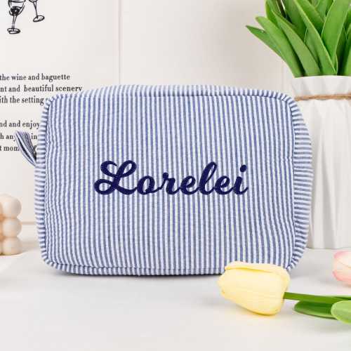 Personalized Seersucker Cosmetic Bag, Embroidered Toiletry Pouch
