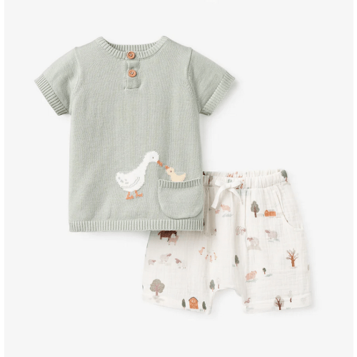 On the Farm Baby Knit Henley Short Set