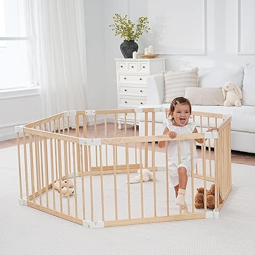 Wooden Playpen & Baby Gate Play Yards for Babies and Toddlers, Foldable Wood Baby Playpen Play Fence with with Locking Gate, Play Area Kids Activity Center Indoor Outdoor, Pinewood, 6-Panel
