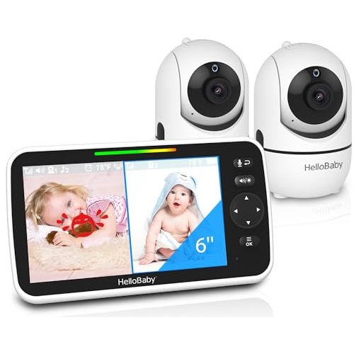 HelloBaby Baby Monitor 2 Cameras, 6'' World First IPS Split-Screen 30H Battery, No WiFi 2-Way Audio, Video, VOX, Double Cameras Pan-Tilt-Zoom, Night Vision, 8 Lullabies, 1000ft for Twins