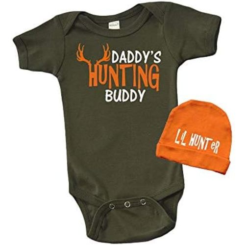 Fathers Day baby Bodysuit and Cap set, 1st Fathers day Gift set - Daddy Hunting Buddy