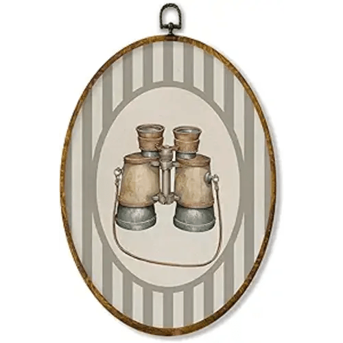 XPH Vintage Binoculars Nursery Oval Wall Art Framed, Kids Oval Wall Decor Accents, Neutral Striped Binoculars Adventure Hanging Canvas Prints for Home Kids Boy Nursery Room Playroom Decoration, 8.6x11.4 Inch