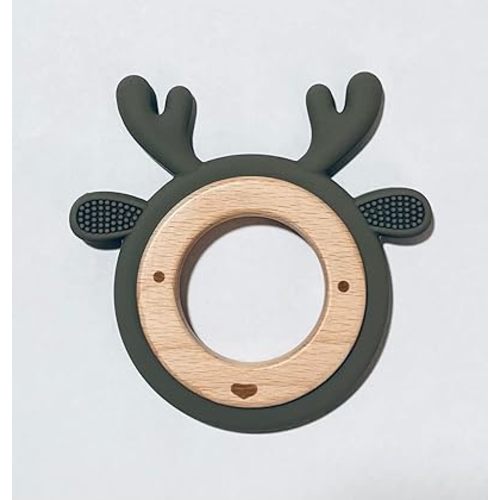 LogiBear Animal Baby Teether Ring for 6+ Months, Non-Toxic BPA Free Food Grade Silicone and Beech Wood, Baby Tested for Easy Grip and Soothing Teething Pain (Deer, Sage)