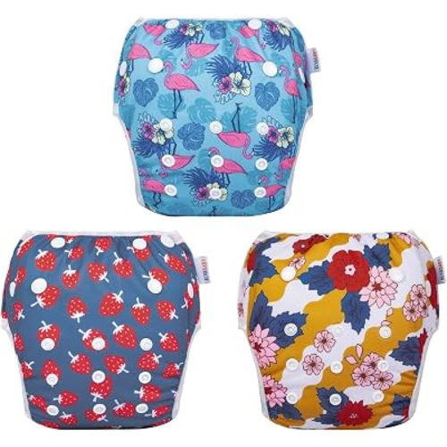 ALVABABY 3 Pack Swim Diapers, Baby/Toddler/Infant Snap Adjustable Reusable Swimming Diaper Baby Gift for Boy and Girl Small 3SWY40
