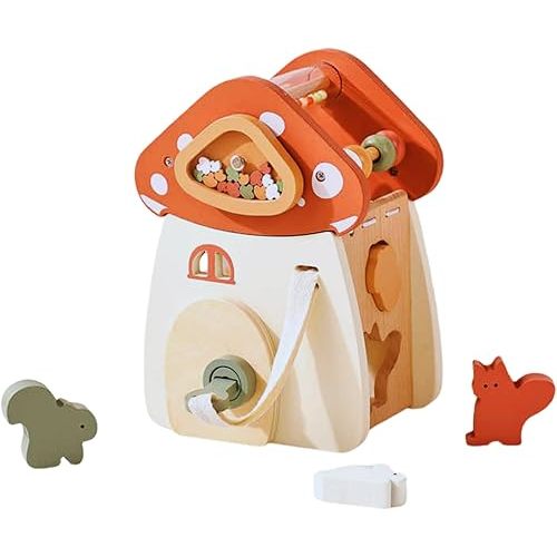 Montessori Wooden Activity Cube – Eco-Friendly Mushroom Baby Toy for Early Learning & Development, BPA Free, for Infants & Toddlers, Unisex, Promotes Motor Skills, Shapes & Colors