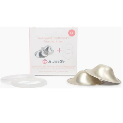SILVERETTE The Original Silver Nursing Cups, Nipple Covers for Breastfeeding Essentials, Pure 925 Silver Nipple Shields for Breastfeeding Newborn, XL Size with O-Feel Silicone Rings