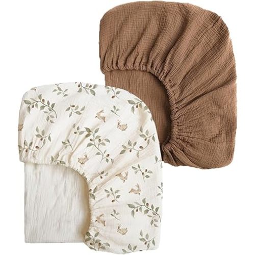 Konssy Muslin Crib Sheets 2 PCS, 100% Cotton Baby Crib Sheets for Standard Crib Mattress (28"x 52"), Soft and Breathable for Boys, Girls (Rabbit,Chestnut)