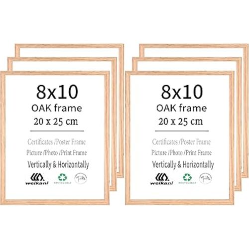 8x10 OAK Wood Picture Frame,6 Pack-20x25cm Wood Photo Frame,Certificate Frame with Plexiglass for Wall Mount or Table Top Display