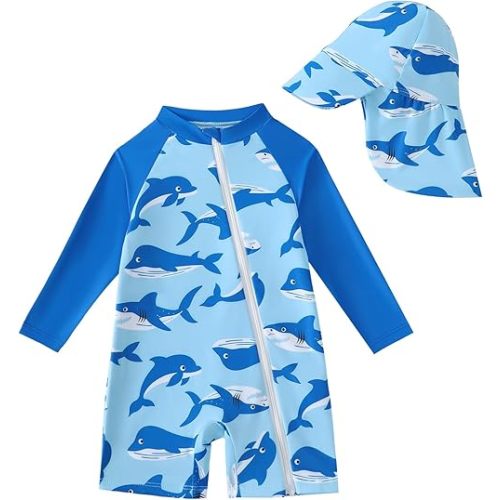 Baby Boy Swimsuit UPF 50+ Sun Protection Rash Guard Swimwear Zipper Toddler Boy One Piece Bathing Suit With Hat