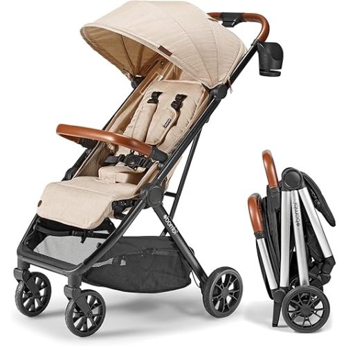 Bombi Bēbee V2 Lightweight Baby Stroller - Premium Vegan Leather, One-Hand Fold, Infinite Recline, Aircraft-Grade Aluminum Frame, XXL Canopy, and Ample Storage Umbrella Stroller - Sand