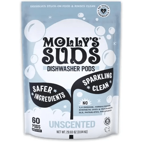 Molly's Suds Dishwasher Pods | Natural Dishwasher Detergent, Cuts Grease & Rinses Clean (Residue-Free) for Sparkling Dishes | 60 Auto-Release Tabs (Unscented)