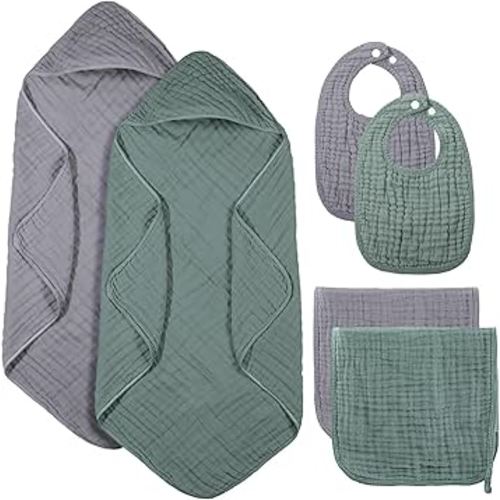 Hahafelt 6 Pcs Muslin Hooded Bath Towels Washcloths and Bibs Set, Muslin Cotton Baby Towels Absorbent Hooded Blanket Towel Infant Bibs for Boys Girls Newborn Infant Essential(Gray, Green)
