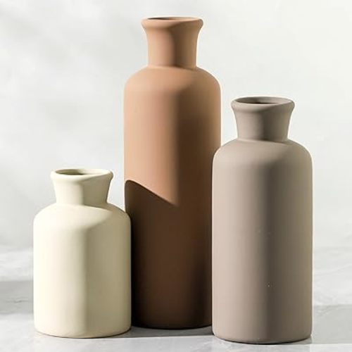 Ceramic Vase Set of 3, Flowers Neutral Modern Vases Home Decor Rustic Farmhouse Decor Pampas Vase for Table Mantel Entryway Shelf Living Room Kitchen Bathroom - Brown