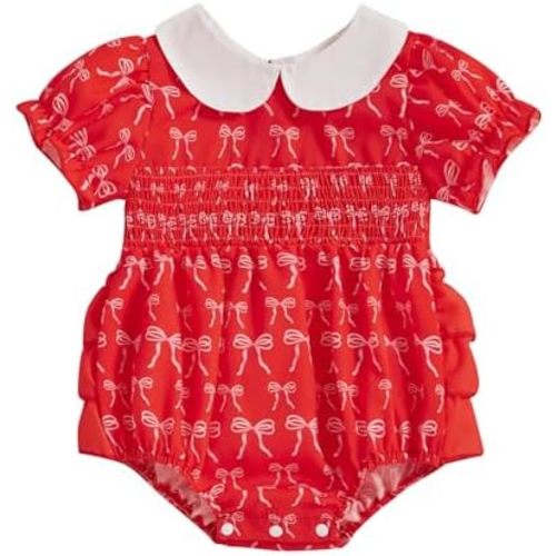 Newborn Baby Girl Romper Bow Embroidery Peter Pan Collar Short Sleeve Bubble Bodysuit Summer Clothes
