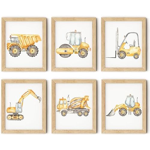 Set of 6 Construction Truck Wall Art Decor Toddler Boys Room Canvas Paintings Watercolor Tractor Vehicle Posters Pictures Nursery Dump Truck Wall Art Prints for Boys Bedroom 8x10 Inch Unframed