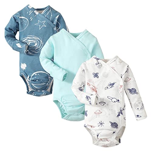 DEFAHN Baby Side Snap Bodysuit Kimono Onsies Newborn Boy Girl 3-Pack 100% Cotton Basic Pattern Kimono Bodysuits
