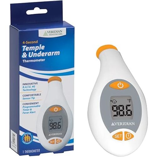 Temple & Underarm Thermometer | Infrared Measurements | Fast 4-Second Readout | Fever Alert | Backlit Display | Programmable Timer | 1-Year Warranty