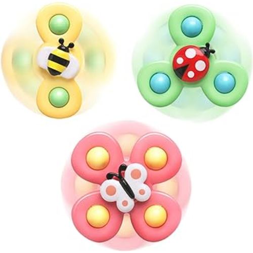Baby Suction Cup Spinning Top Toys 3 Pcs, Infant Rattles Spinner Toy 6-12-18 Months,Sensory Spin Bath Sucker, Travel Busy Teething Toy for Toddlers, Gifts for 1-3 Year Boy Girl(Group A)