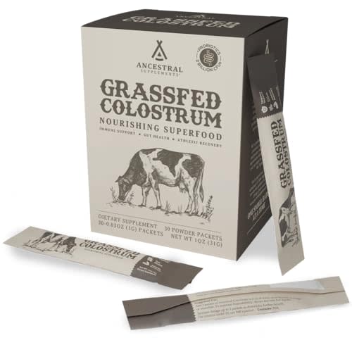 Ancestral Supplements Grass Fed Beef Bovine Colostrum Powder Packets, Immune Support Supplement, Gut, Skin & Hair Health Support Supplements, Promotes Growth and Repair, Non GMO, 30 Sticks, Unflavored