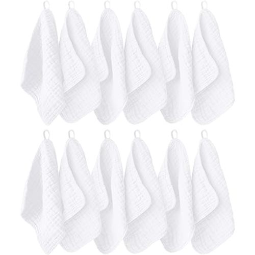 12 Pack Muslin Washcloths for Baby - 100% Cotton Baby Wash Cloths for or Baby Face Body Comfy and Soft for Newborn Infants Kids Girls and Boys - 12"x12" - White