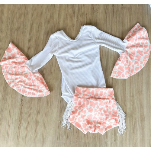 Peach Disco cowgirl first outfit, Howdy YeeHaw Bell Sleeve Leo, Light Pink Cowspot Leo Bodysuit for Toddler Baby Girl, 1st 2nd birthday
