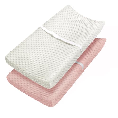 Babebay Changing Pad Cover, Ultra Soft Minky Dots Plush Changing Table Covers for Baby Boys and Girls, Breathable, 2 Pack (Peach Pink & Lily White)