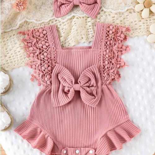 Cute Baby Girl's Soft, Comfortable, Breathable Solid Color Hollow Out Fringe Dress Romper With Headband, Suitable For Casual Parties, Holidays, And Outings