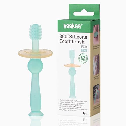 Haakaa 360° Silicone Baby Toothbrush – 100% Soft Food Grade Silicone, BPA-Free, Suction Base, Safe for Babies 6 Months+, Gentle Gum and Teeth Cleaning for Infants, Gum Massager