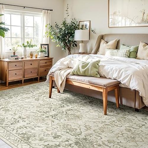 Deerly 6x9 Area Rugs for Bedroom Nursery, Machine Washable Distressed Floral Living Room Rug, Neutral Traditional Oriental Non Slip Boho Large Indoor Carpet for Dorm Office Playroom White Cream Green