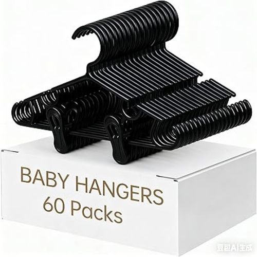 Nursery Baby Hangers with Clips, 20 Newborn Kids Plastic Clothes Hangers for Toddler Pants – with 40 Clips for Children's Clothes Packs(Black,60 Packs)