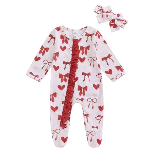 Newborn Baby Girl Bow Heart Footies Romper Long Sleeve Sleeper Headband Zip Up Footed Overalls Coming Home Outfits