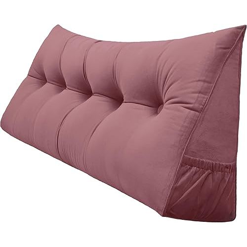 Triangular Reading Bed Rest Pillow Large Bolster Cushion Headboard Backrest Wedge Pillow with Removable Cover and Two Large Side Pockets (Pink, King: 78 x 8 x 20 inches)