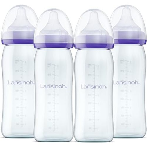 Lansinoh Anti-Colic Glass Baby Bottles, 8 Ounces, 4 Count Bottles for Feeding, Baby Essentials, Includes 4 Medium Flow Nipples, Size M