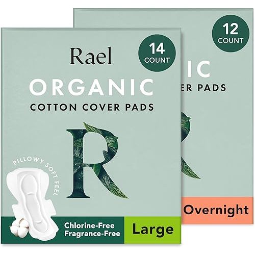 Rael Pads for Women, Organic Cotton Cover - Period Pads with Wings, Sanitary Napkins, Heavy Absorbency, Unscented, Ultra Thin (Overnight, Large) Bundle